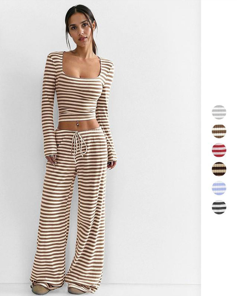 Vibecurve® Slouchy Square Neck Stripe Long Sleeve Crop Top & Low-Rise Wide Leg Trousers Co-ord
