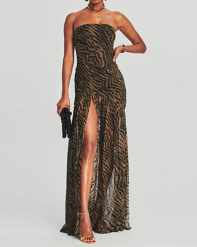Vibecurve® Tube Top Dress Strapless Backless Mesh Patchwork Tropical Leopard Print High Slit Long Dress