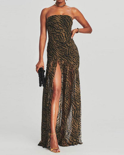 Vibecurve® Tube Top Dress Strapless Backless Mesh Patchwork Tropical Leopard Print High Slit Long Dress
