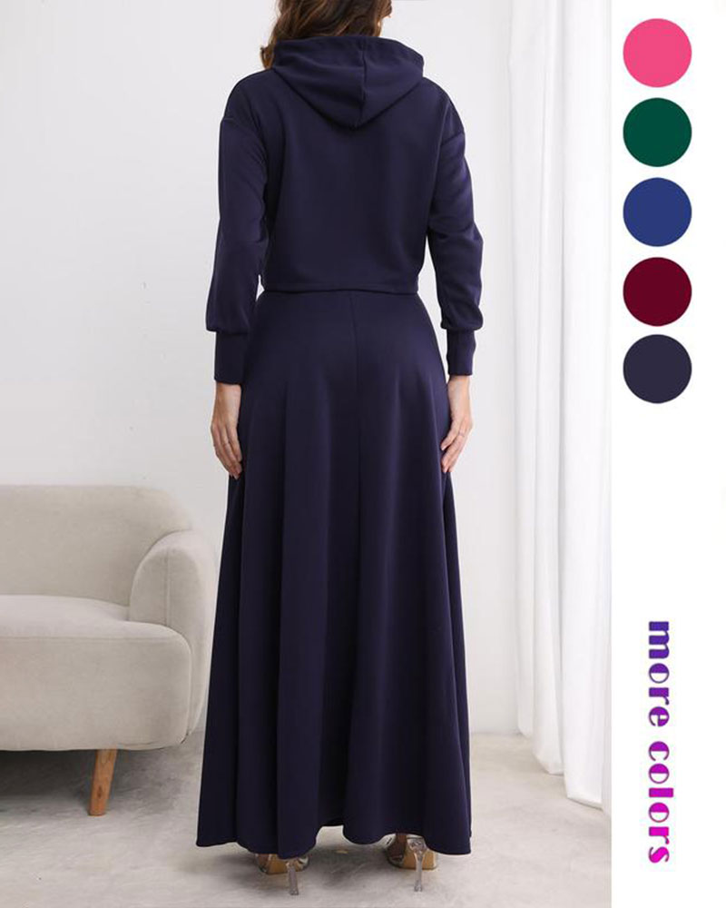 Vibecurve® Women's Solid Drawstring Hoodie & Split Thigh Skirt Set