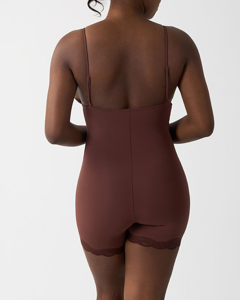 Vibecurve® Lace Trimmed Spaghetti Straps Bodysuit