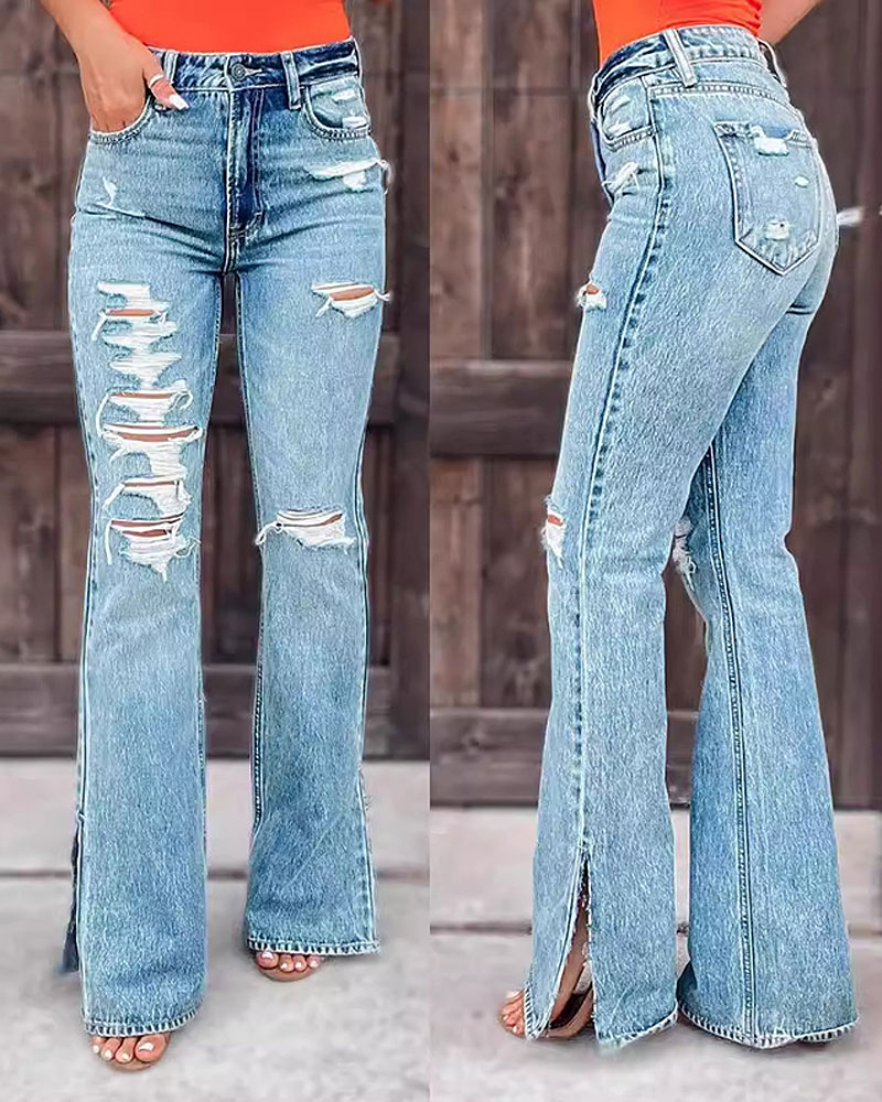 Vibecurve® Women's Jeans High Waist Hole Breaking Pants Micro Split Trousers