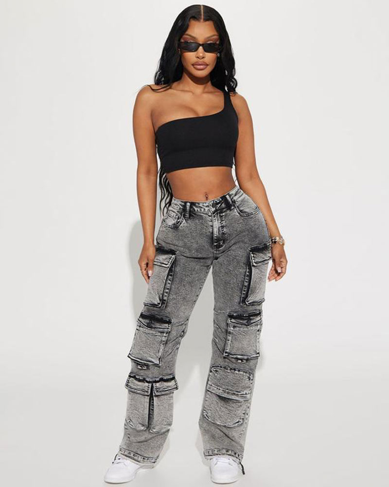 Vibecurve® High Rise Stretch Cargo Jeans - Acid Wash Grey