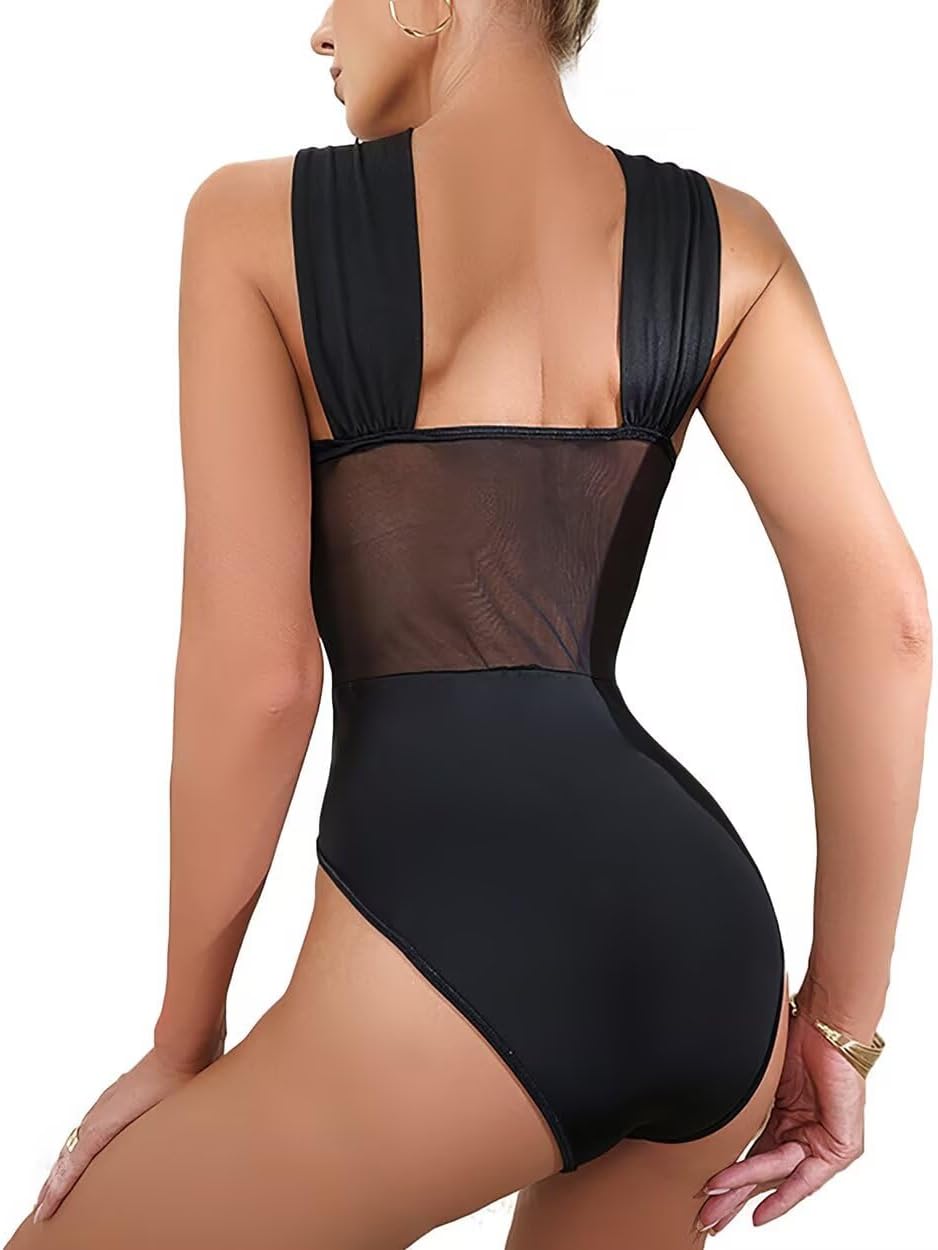 Women's Halter Criss Cross Sleeveless Bodysuit Sheer Mesh Corset Bustier Sexy Cut Out Leotard Jumpsuit S-L
