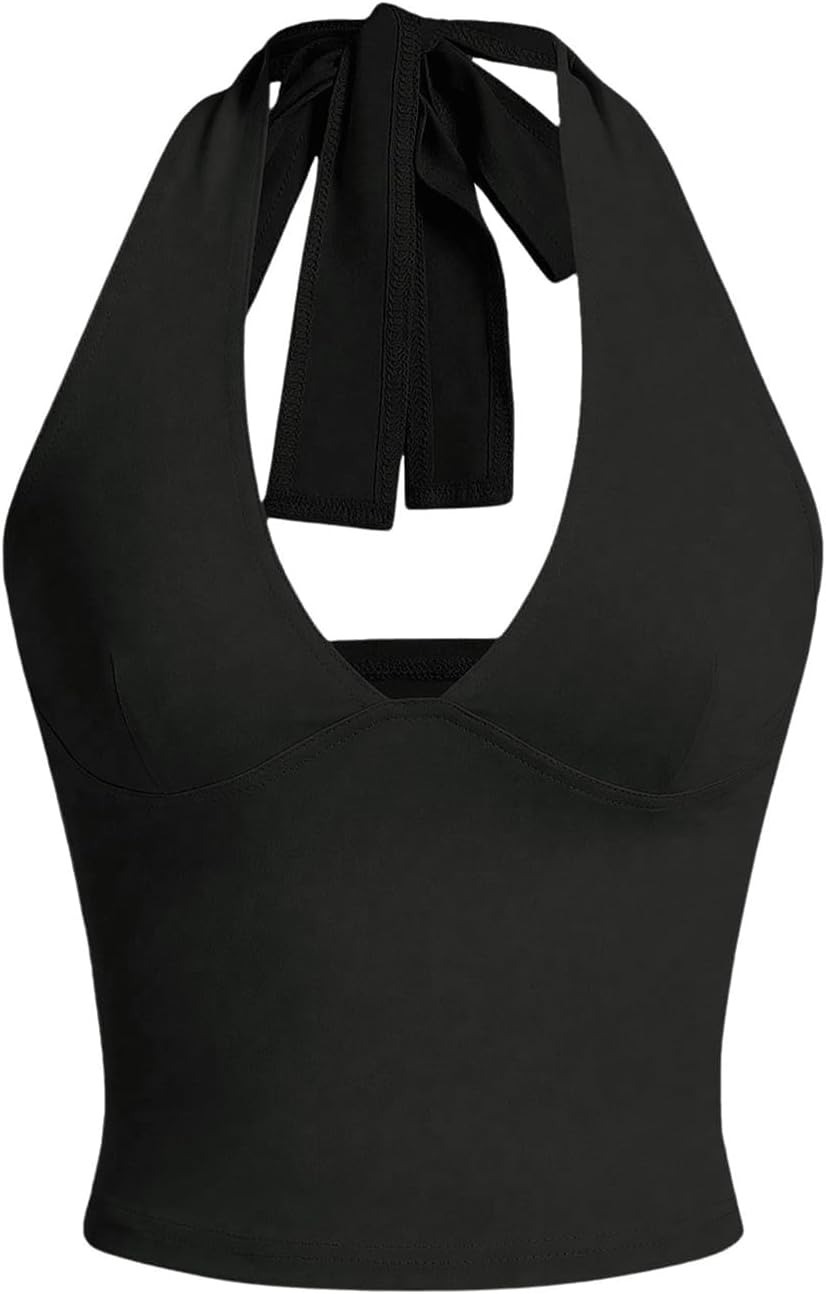 Vibecurve® Women's Halter Tops V Neck Tie Backless Summer Crop Tank Top