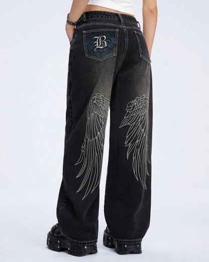 Vibecurve® Grunge Punk Denim Boyfriend Low-Rise Wide-Leg Jeans