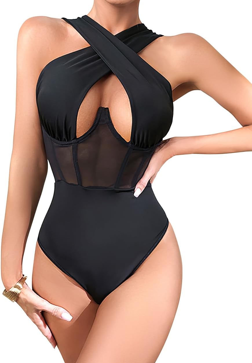 Women's Halter Criss Cross Sleeveless Bodysuit Sheer Mesh Corset Bustier Sexy Cut Out Leotard Jumpsuit S-L