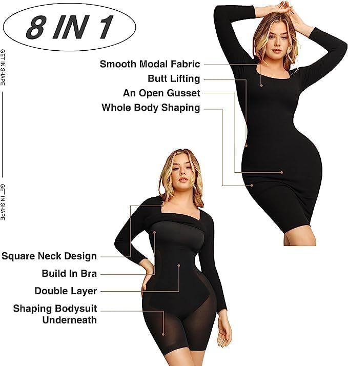 Vibecurve® Built-In Shapewear Square Neck Long Sleeve Dress