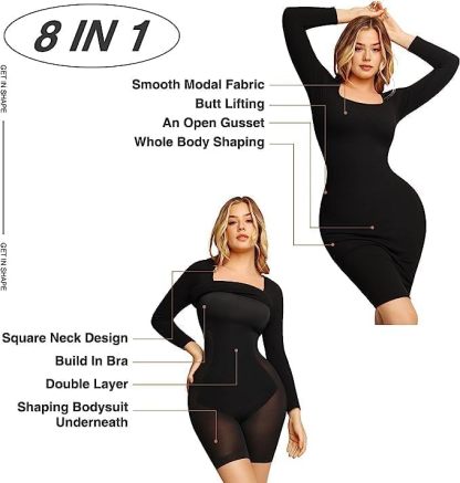 Vibecurve® Built-In Shapewear Square Neck Long Sleeve Dress