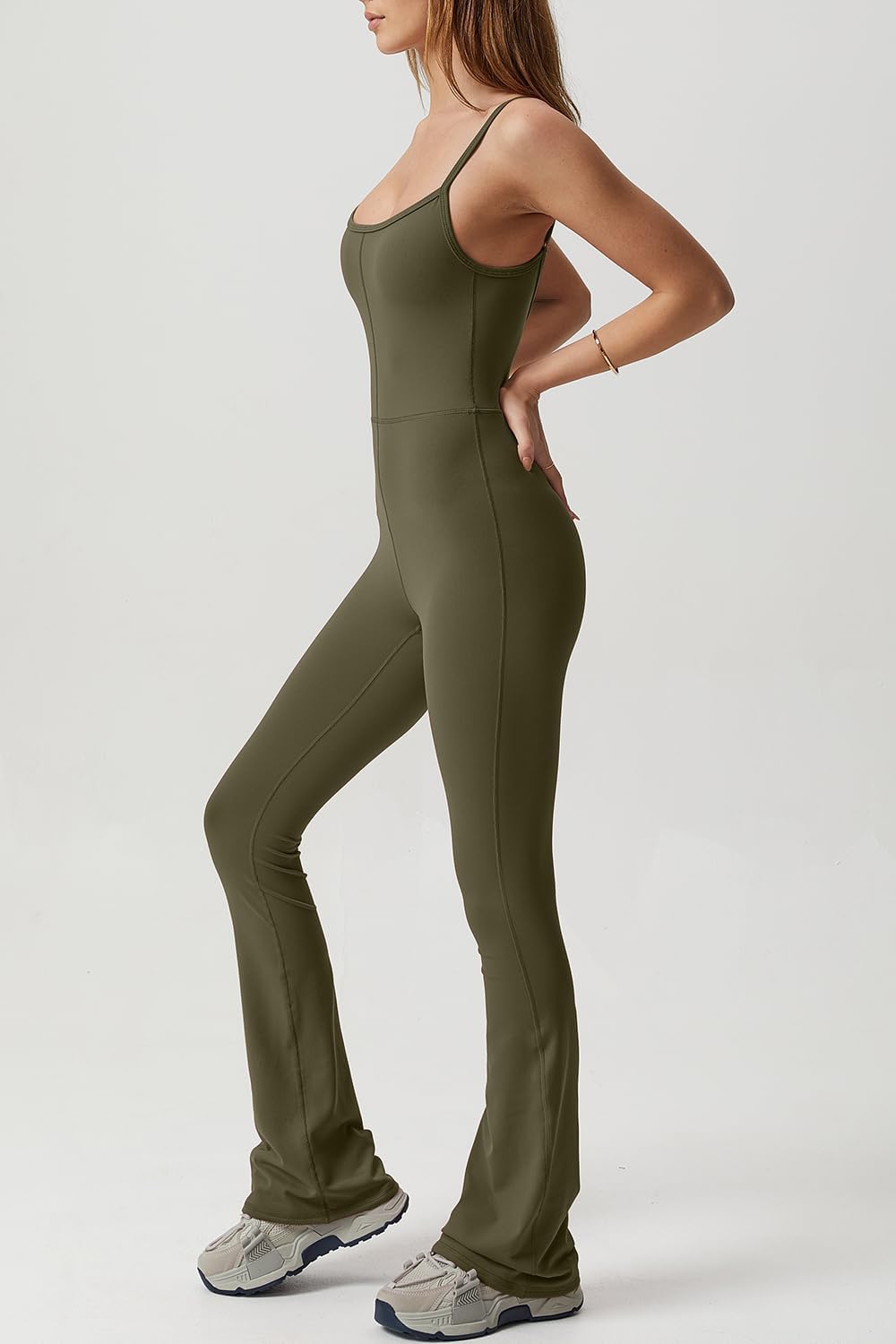 Vibecurve? Flare Jumpsuits for Women Spaghetti Straps Scoop Neck Bodycon Full Length Casual Unitard Playsuit