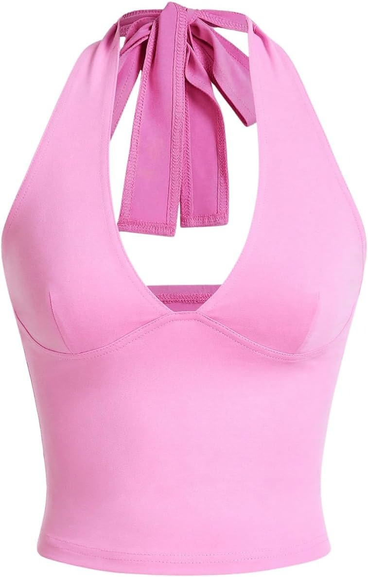 Vibecurve® Women's Halter Tops V Neck Tie Backless Summer Crop Tank To