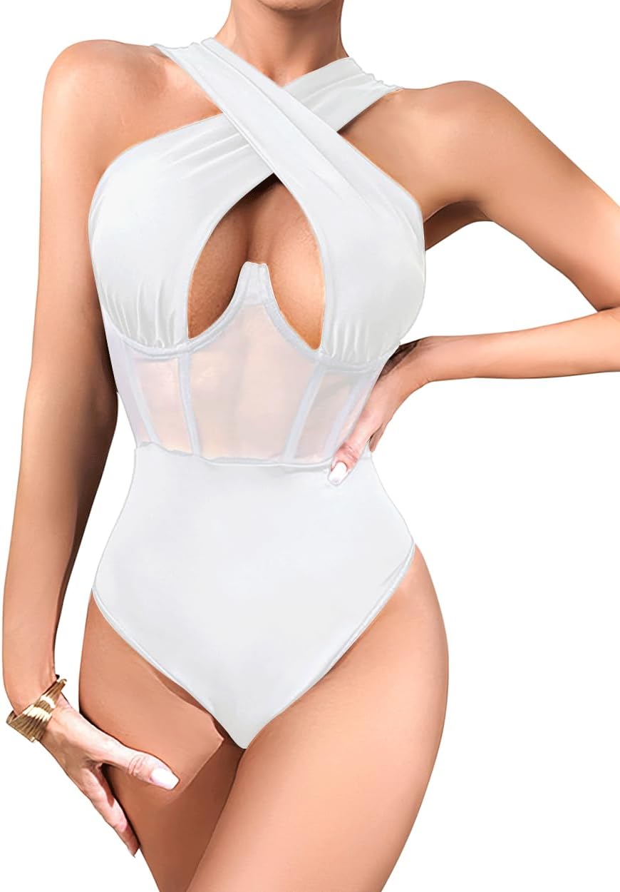 Women's Halter Criss Cross Sleeveless Bodysuit Sheer Mesh Corset Bustier Sexy Cut Out Leotard Jumpsuit S-L