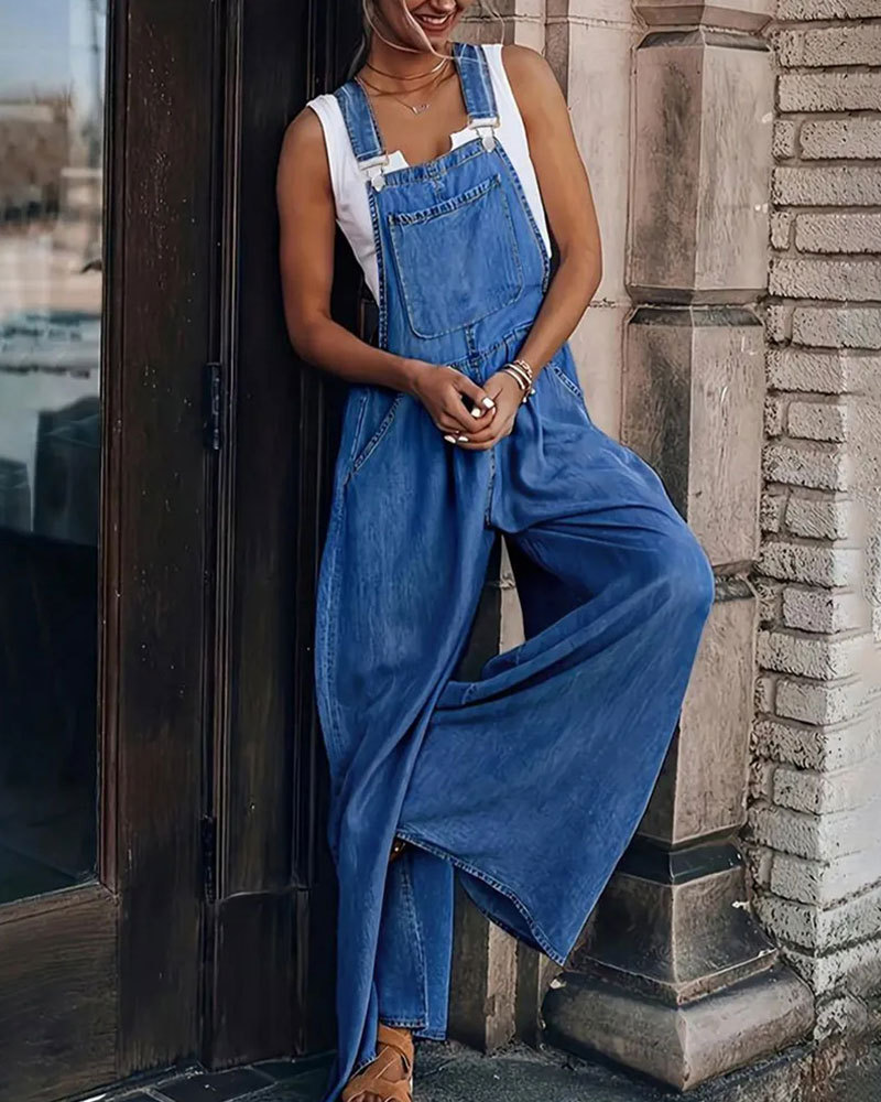Vibecurve® Denim-Effect Print Plicated Wide Leg Overalls Jumpsuit
