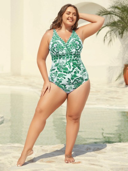 Vibecurve® Two-Piece Floral Print Ruched Mesh Swimsuit, Sarong