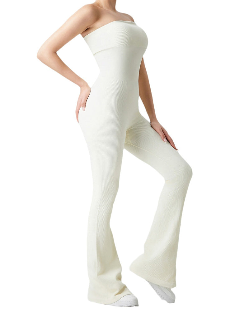 Vibecurve® Women's Ribbed Strapless Tube Top Flared Bottom Yoga Jumpsuit