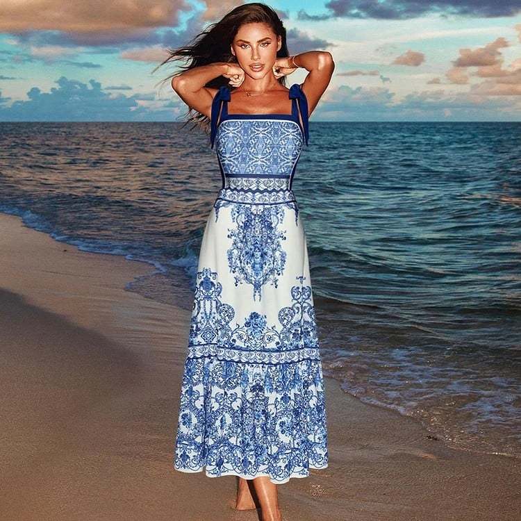 Vibecurve® Blue And White Porcelain One Piece Swimsuit Set