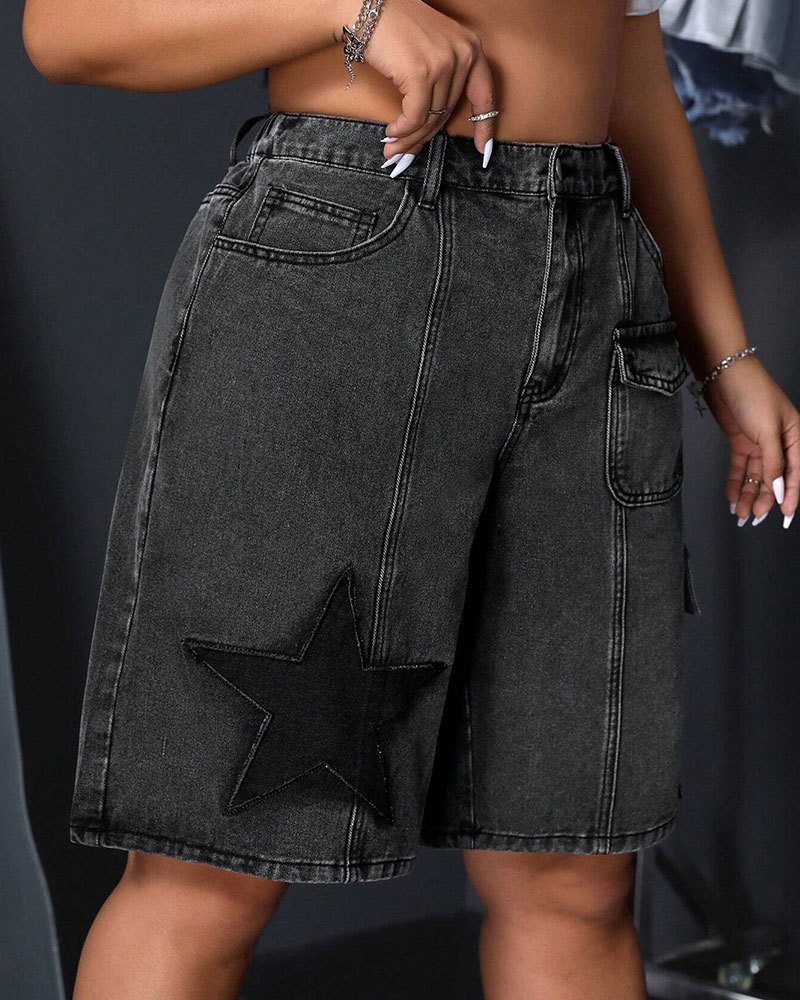 Vibecurve® Grunge Punk Unisex Punk Street Style Star Design 3D Pocket Distressed Washed Denim Bermuda Shorts