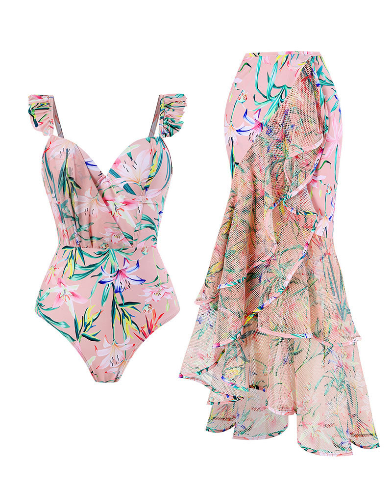 Vibecurve® Women's One Piece Swimsuit with Beach Cover up Wrap Skirt S