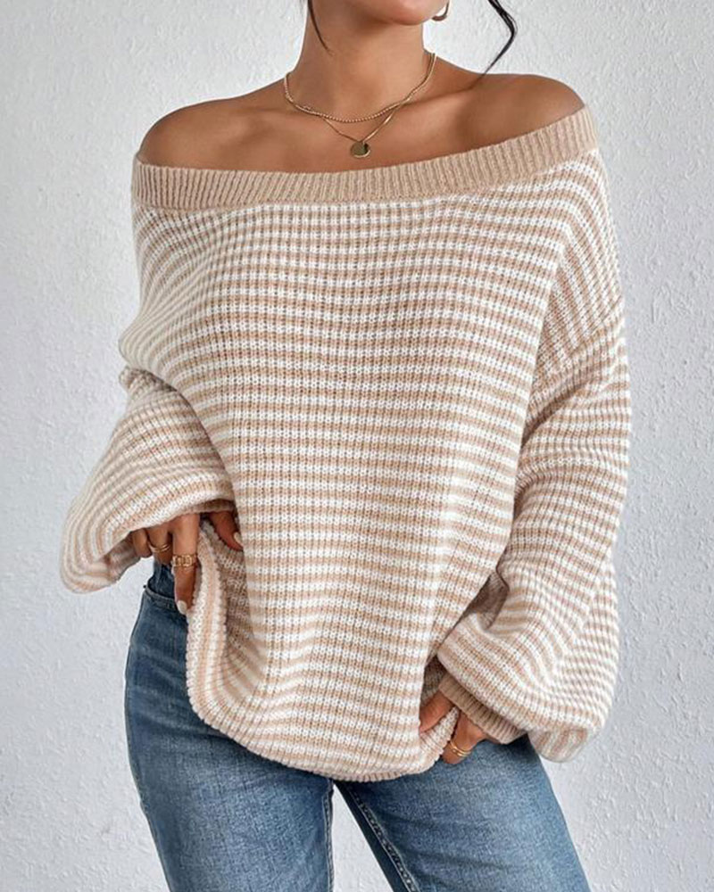 Vibecurve® Women's Striped Drop Shoulder Sweater, Casual Bishop Sleeve Boat Neck Jumper