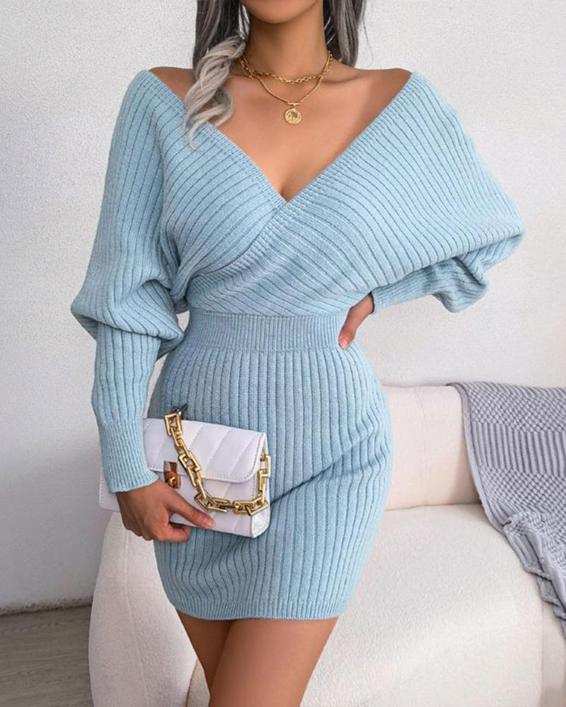 Vibecurve® Women's Plain Wrapped V Neck Leg-of-mutton Sleeve Sweater Dress