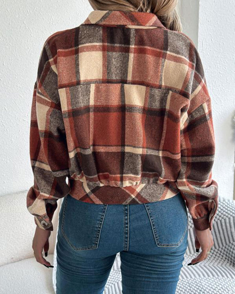 Vibecurve® Women's Chic Plaid Print Button Front Drop Shoulder Jacket