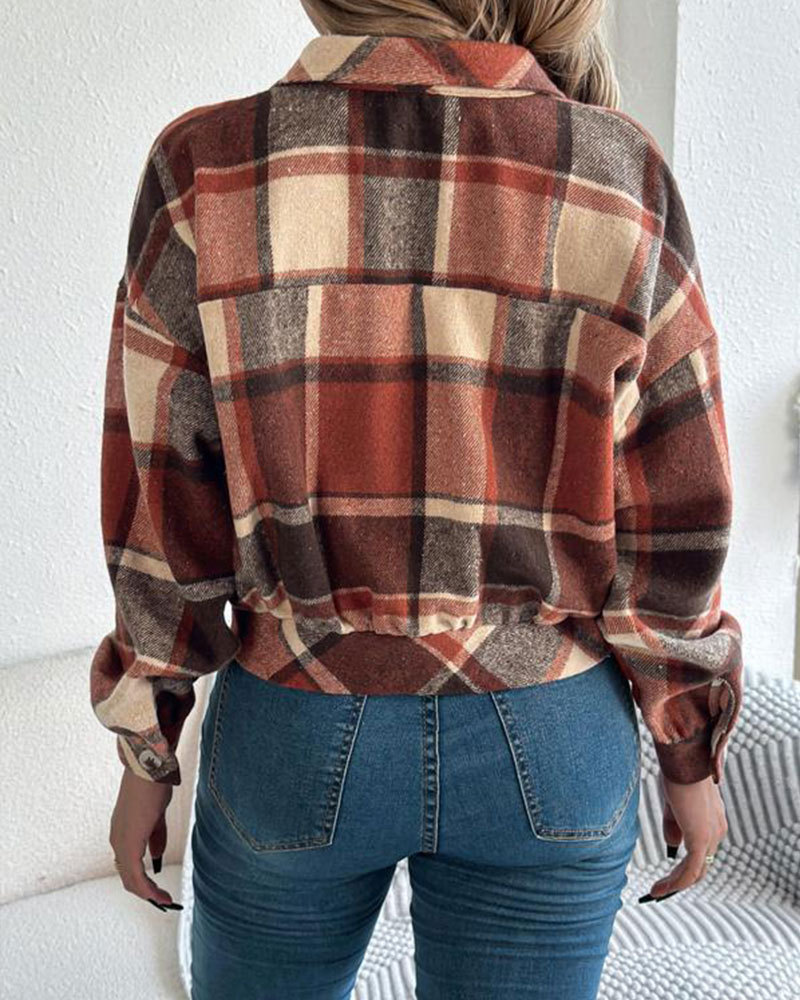 Vibecurve® Women's Chic Plaid Print Button Front Drop Shoulder Jacket