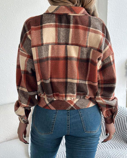 Vibecurve® Women's Chic Plaid Print Button Front Drop Shoulder Jacket