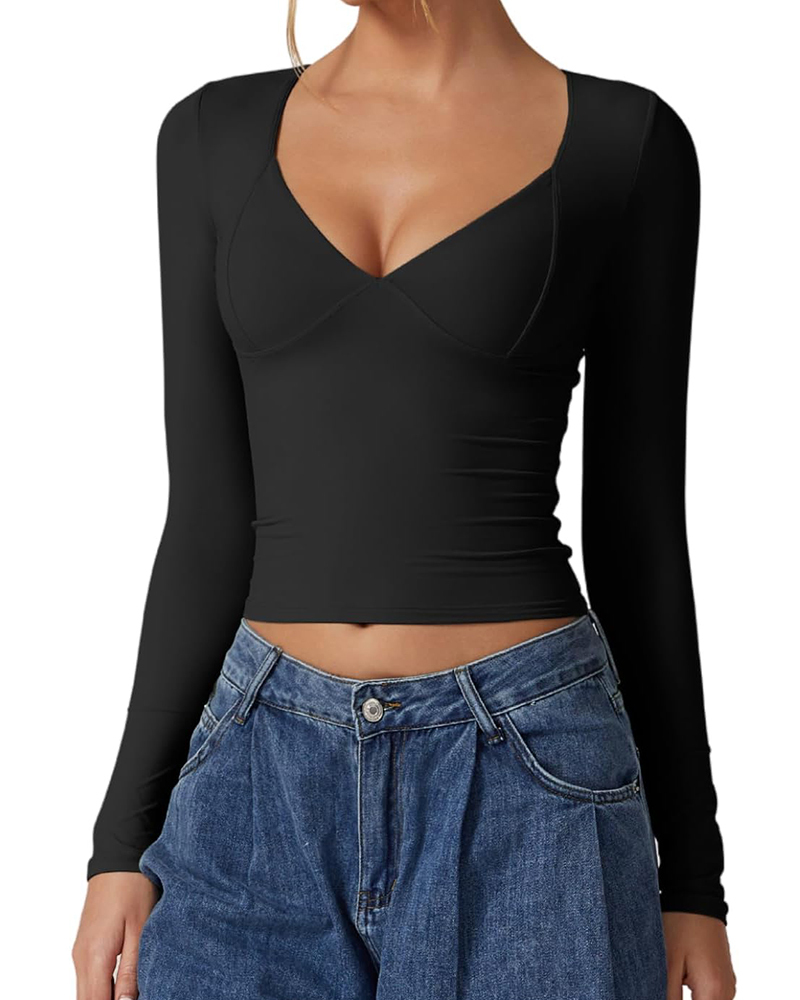 Vibecurve® Women's Long Sleeve Deep V Neck Crop Top Basic Style