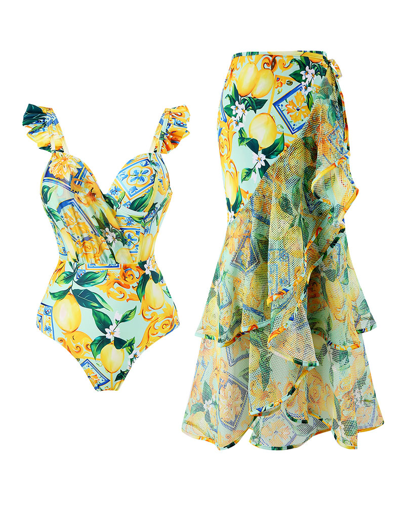 Vibecurve® Women's One Piece Swimsuit with Beach Cover up Wrap Skirt Sarong Retro Floral Print Bikini Set Two Piece Bathing Suit