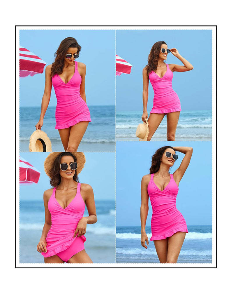Vibecurve® Deep V Cross-Back Ruched One-Piece Swimsuit