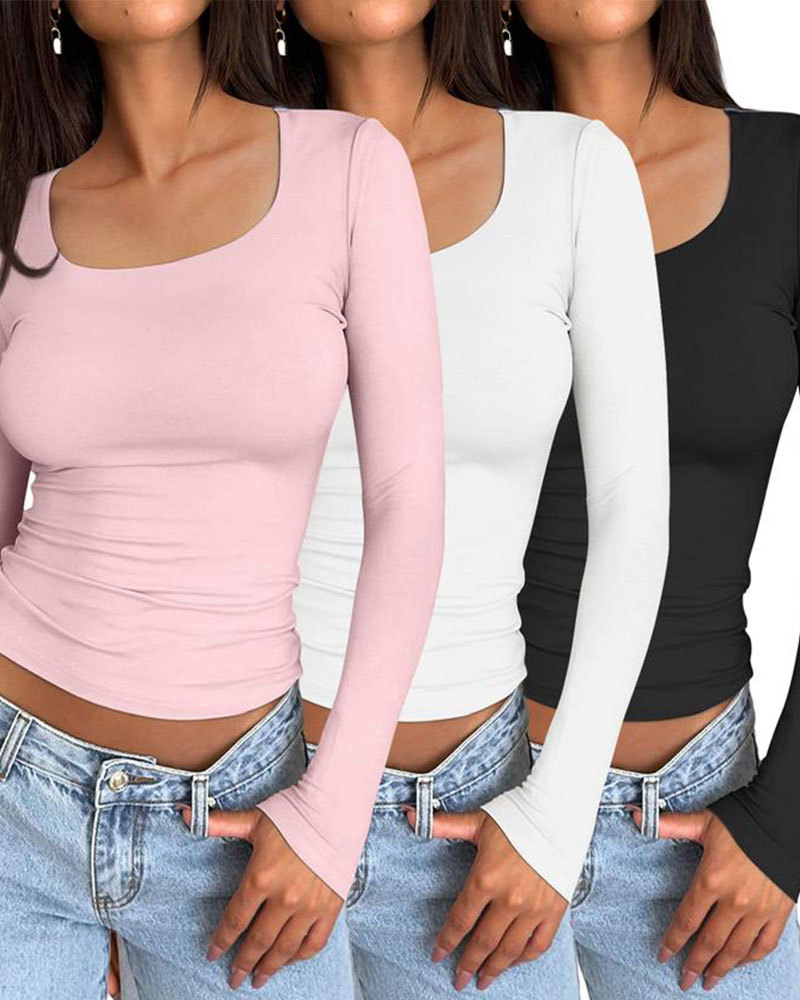 Vibecurve® Women's 3 Pack Long Sleeve Crop Tops Slim Fit