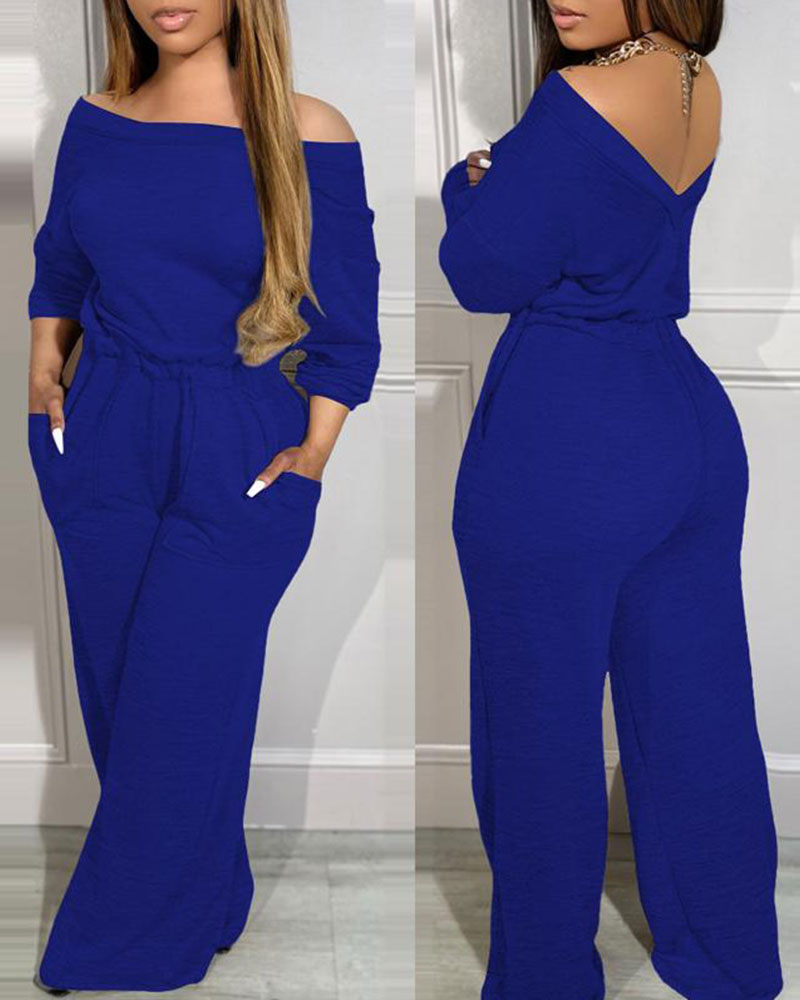 Vibecurve® Off Shoulder V-Back Stretchy Waist Pocket Design Jumpsuit