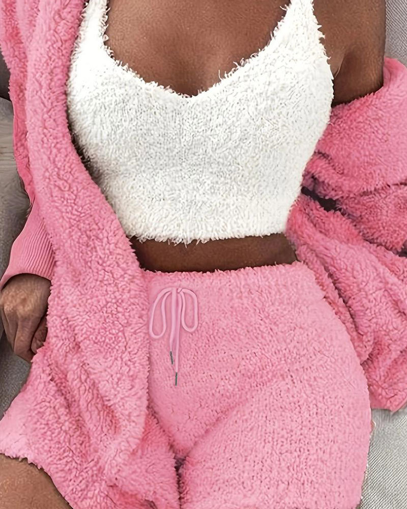 Vibecurve® Solid Color Plush Three-piece Pyjama Set, Fluffy Pajamas