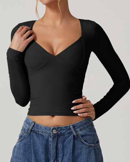 Vibecurve® Women's Long Sleeve Deep V Neck Crop Top Basic Style