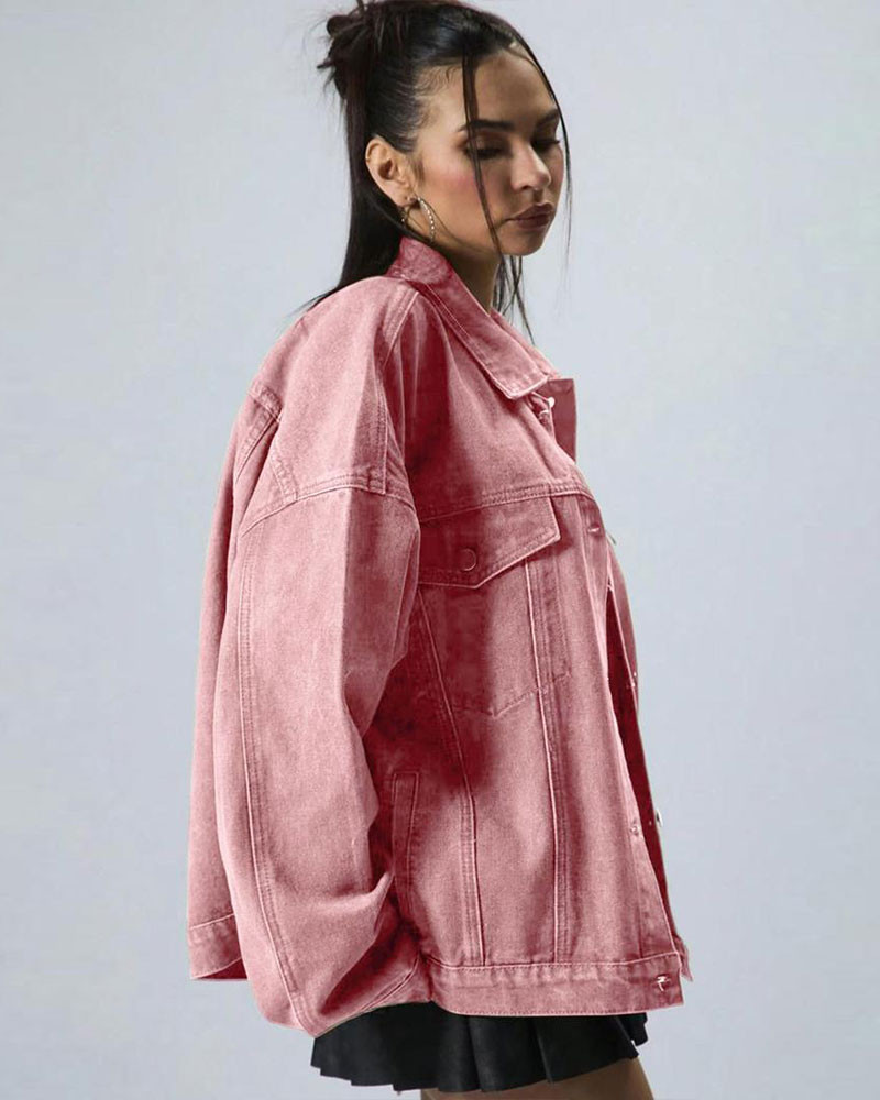Vibecurve® Plain Button Front Drop Shoulder Denim Coat