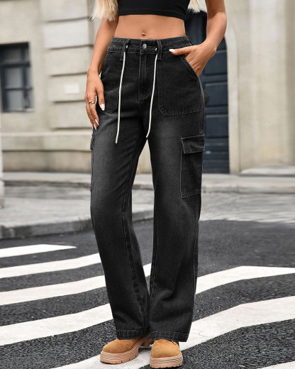 Vibecurve® High Waisted Tied Cargo Pants,2 Flap Pocket Trousers For Ladies