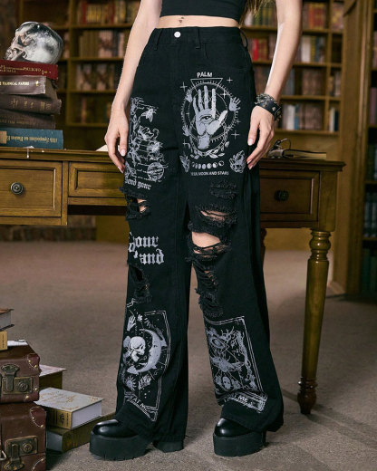 Vibecurve® Academia Letter Graphic Ripped Jeans, School