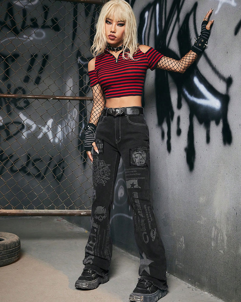 Vibecurve® Grunge Punk Skull & Letter Graphic Jeans Without Belt, School