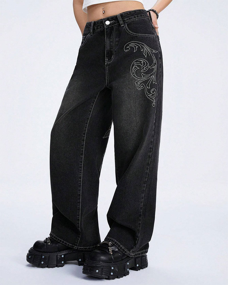 Vibecurve® Grunge Punk Denim Boyfriend Low-Rise Wide-Leg Jeans