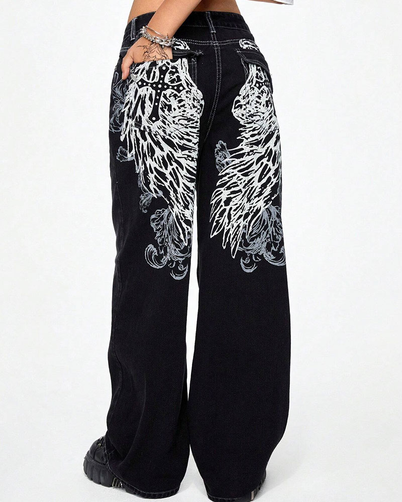 Vibecurve® Grunge Punk Women's Halloween Cross & Vine Wing Print Wide Leg Boy Friend Jeans