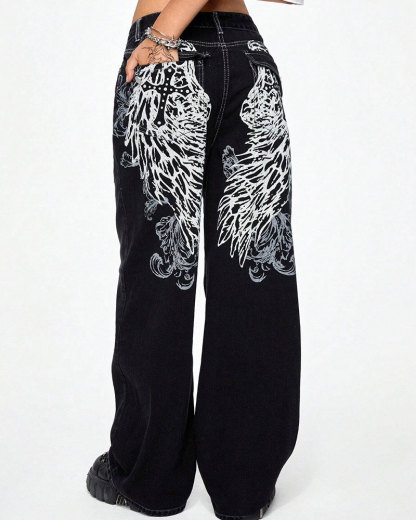Vibecurve® Grunge Punk Women's Halloween Cross & Vine Wing Print Wide Leg Boy Friend Jeans