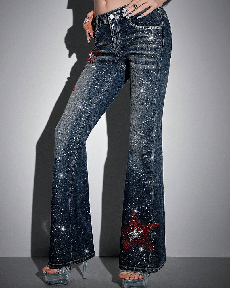 Vibecurve® Avant Y2K Sexy Low-Waist Skinny Star Foil Detail Flared Women Jeans