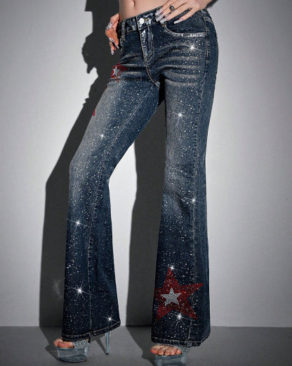Vibecurve® Avant Y2K Sexy Low-Waist Skinny Star Foil Detail Flared Women Jeans
