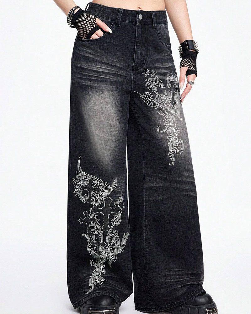 Vibecurve® Grunge Punk Women's Loose Fit Cross Patterned Pocket Flared Casual Jeans