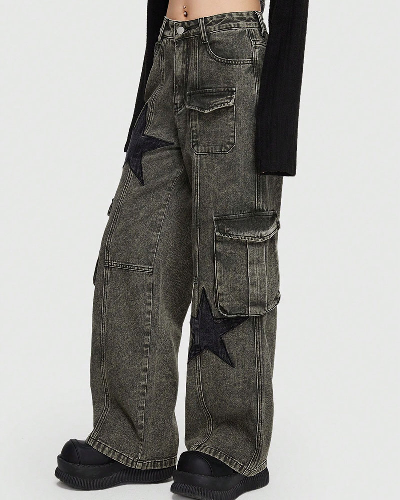 Vibecurve® Grunge Punk Star Print Flap Pocket Cargo Jeans