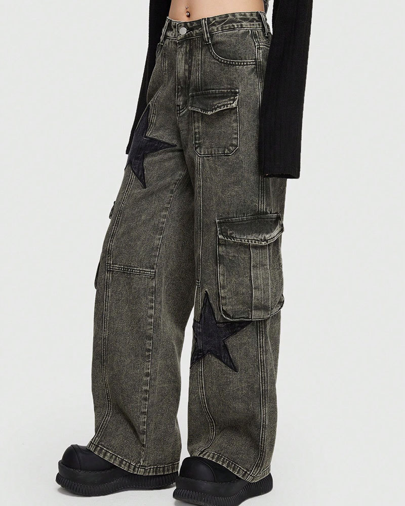 Vibecurve® Grunge Punk Star Print Flap Pocket Cargo Jeans