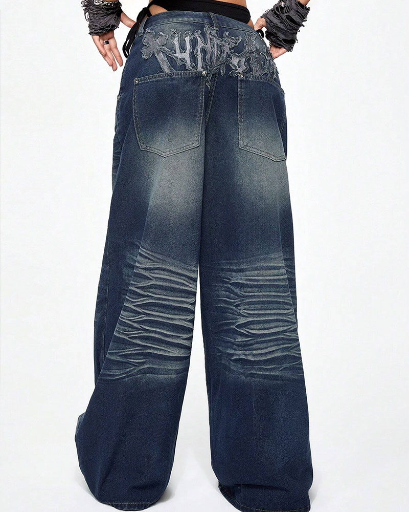 Vibecurve® Grunge Punk Women's Oversized Fit Back Pocket Embroidered Boy Friend Jeans