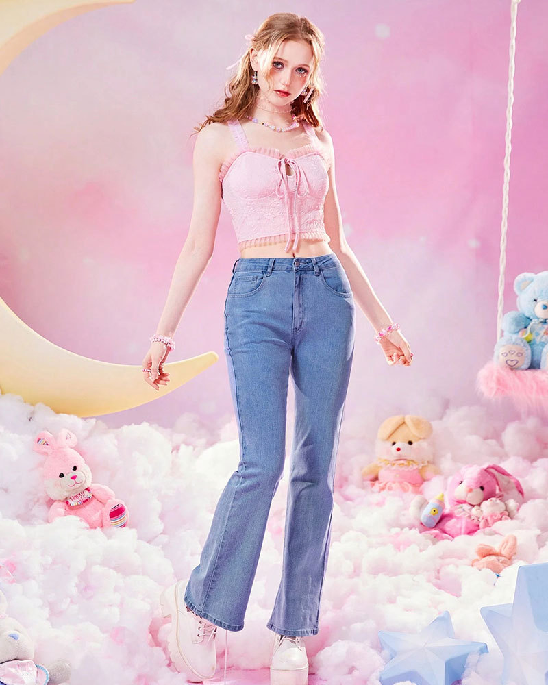 Vibecurve® Kawaii Bow Lace Trim Pocket Flare Leg Jeans