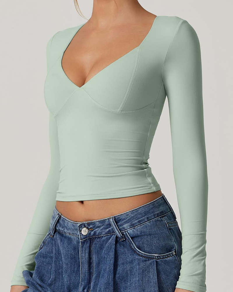 Vibecurve® Women's Long Sleeve Deep V Neck Crop Top Basic Style