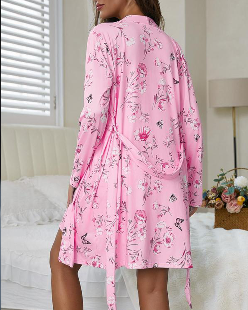 Vibecurve® Floral Print Belted Robe & Cami Nightdress Two-piece Set
